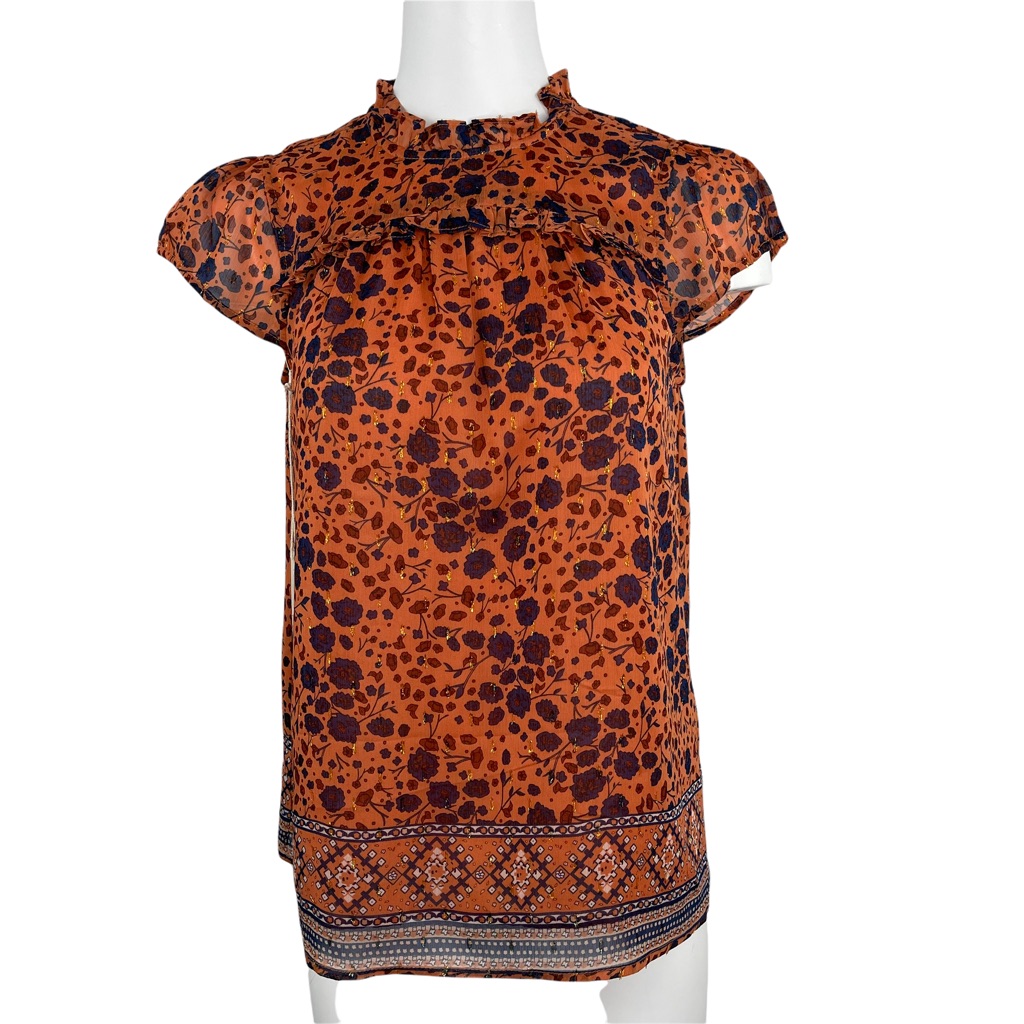 Nwt Joie Orange Poppy Floral Blouse Cap Sleeve Ruffle Shirt Gold Thread Xs
